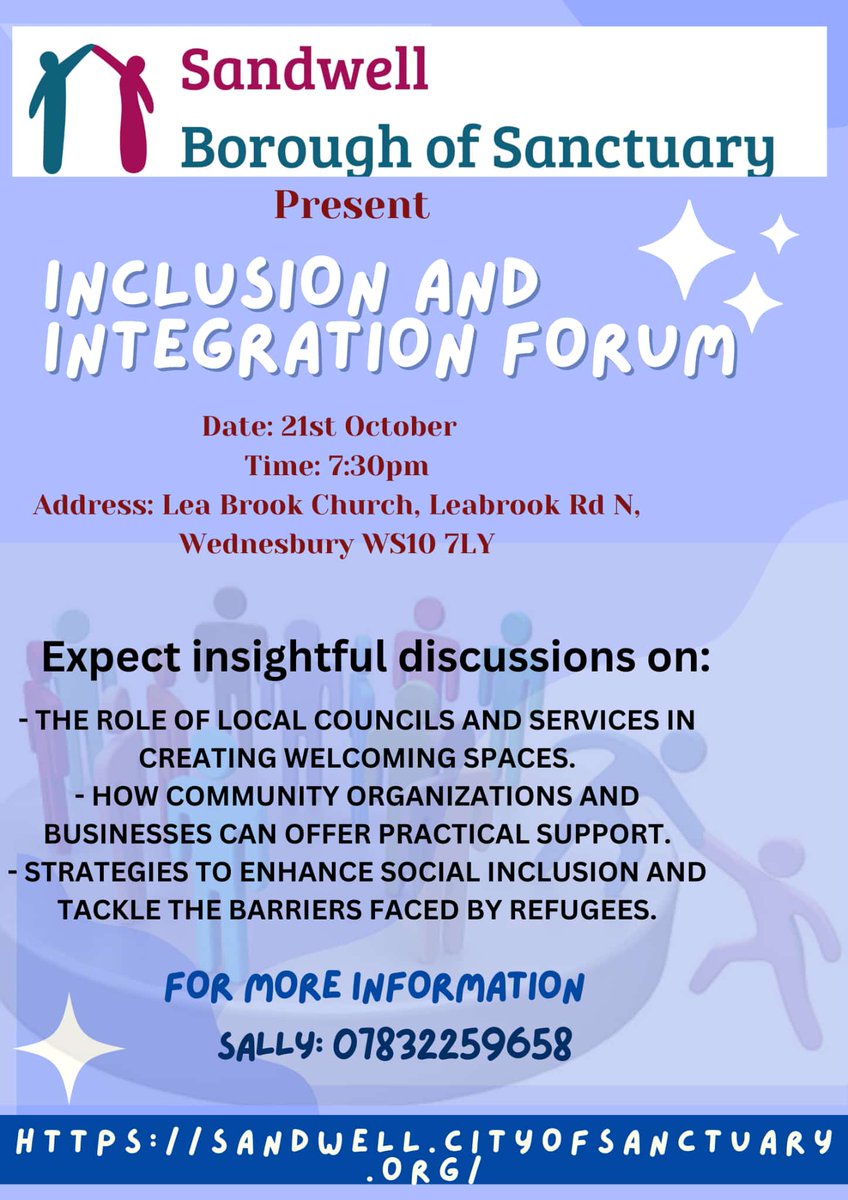Let's make Sandwell a true Borough of Sanctuary! #Wednesbury Roadshow : Integration &amp; Inclusion
21st Oct 2024 | 7:30pm | Lea Brook Church, Leabrook Rd N, Wednesbury WS10 7LY
More info &amp; to RSVP: eventbrite.co.uk/e/sandwell-bor…
<a href="/antoniabance/">Antonia Bance MP</a> <a href="/chamberswednes1/">Cllr Ian Chambers</a> <a href="/jennychidley1/">Jenny Chidley</a> <a href="/KulwantSUppal/">Kulwant Singh Uppal</a>