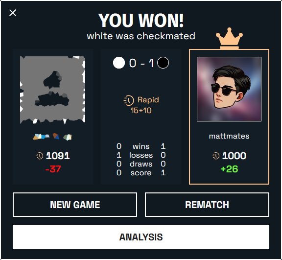 the_matt_mates's tweet image. I’ve finally hit 1000 points in rapid! 🎉♟️#ChessGoals #ChessPunks