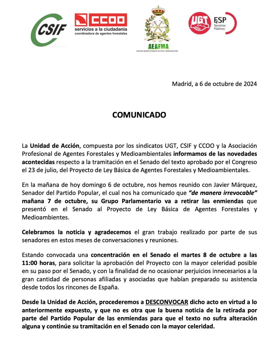 Forestales_CCOO's tweet image. La UA (@Forestales_CCOO @UGTForestales @CSIF_forestales @AEAFMA ) reunidos hoy con @javiermarquezsa agradecemos su intercesión para que @PPSenado retire enmiendas y no dificulte #LeyBasicaAAMM 
Desconvocada la concentración prevista para el #8O