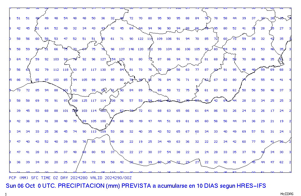 AEMET_Andalucia's tweet photo. Las probabilidad de precipitaciones aumenta mucho ya en amplias zonas de Andalucía a partir de mañana. Como referencia cuantitativa aprox., se muestra el ploteo de precipitación acumulada para Andalucía según el modelo HRE-IFS, aunque lógicamente con mucha incertidumbre todavía. https://t.co/bbr51ZPiAv