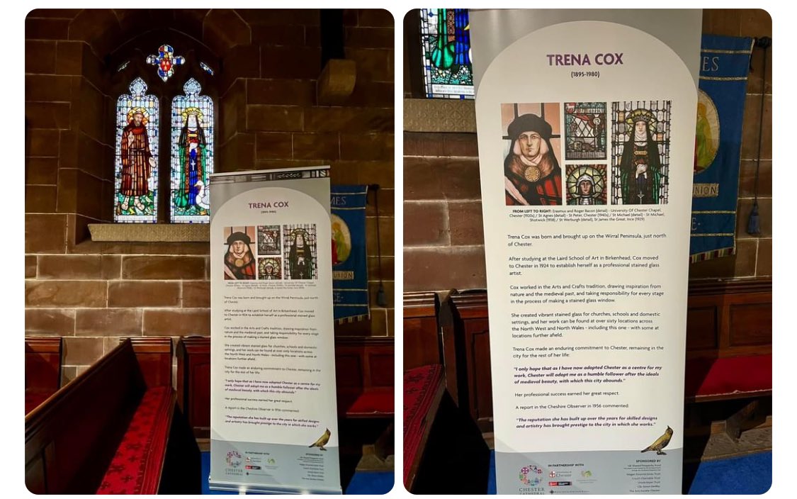 simonjveardley's tweet image. ‘My’ #church at #Ince #Cheshire is grateful to ‘The Trena Cox Project’ @StargazingAleta for providing us with this interpretation banner which tells more of the life/work of #TrenaCox. It’s in front of a window (1929) dedicated to a local man, Eric Helsby.

#StainedGlassSunday