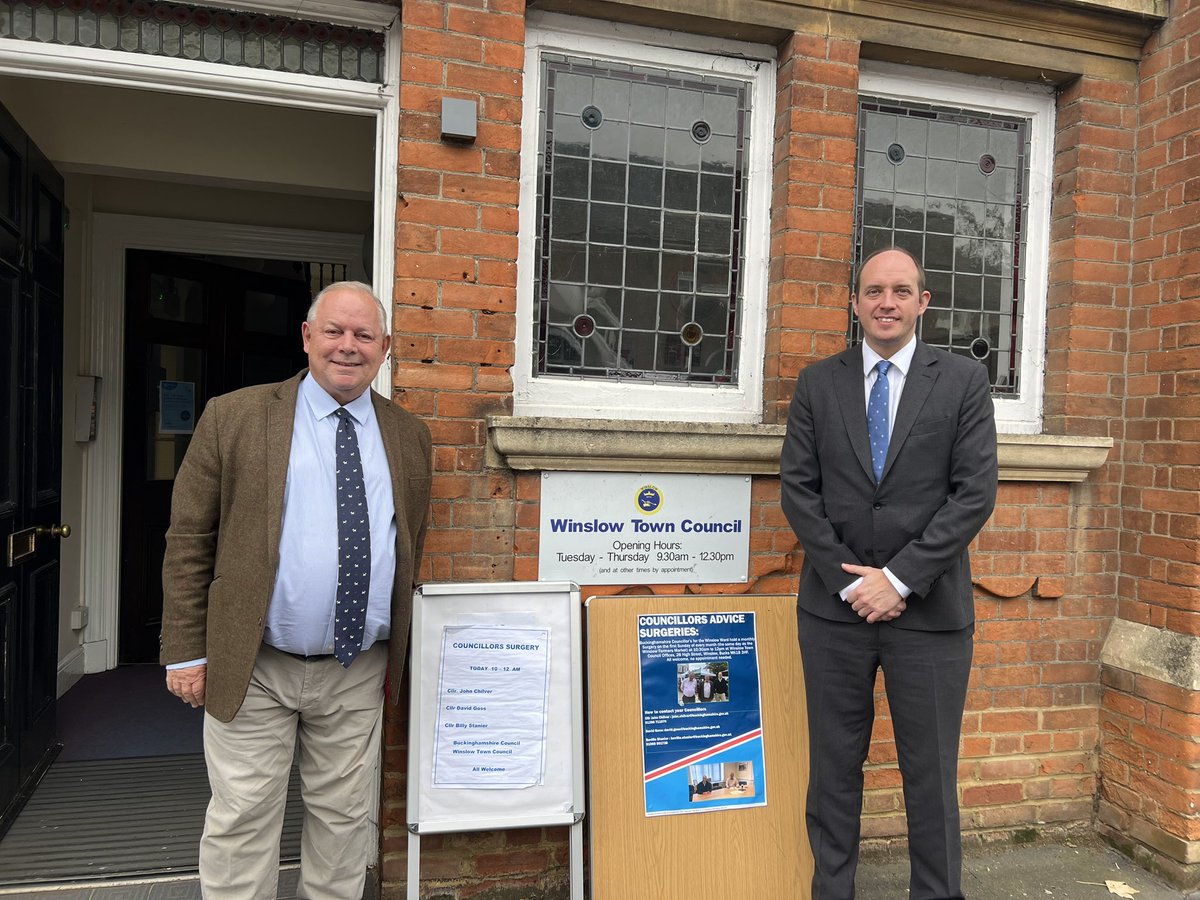 This morning #Winslow Cllr’s John Chilver (<a href="/claycon/">John Chilver</a>) &amp; <a href="/davidgoss/">David Goss</a> held their monthly <a href="/BucksCouncil/">Buckinghamshire Council</a> Councillors’ Surgery. It is the first Sunday of every month at 10:30am in the Winslow Town Council Offices. All welcome, no appointment needed. <a href="/Conservatives/">Conservatives</a>