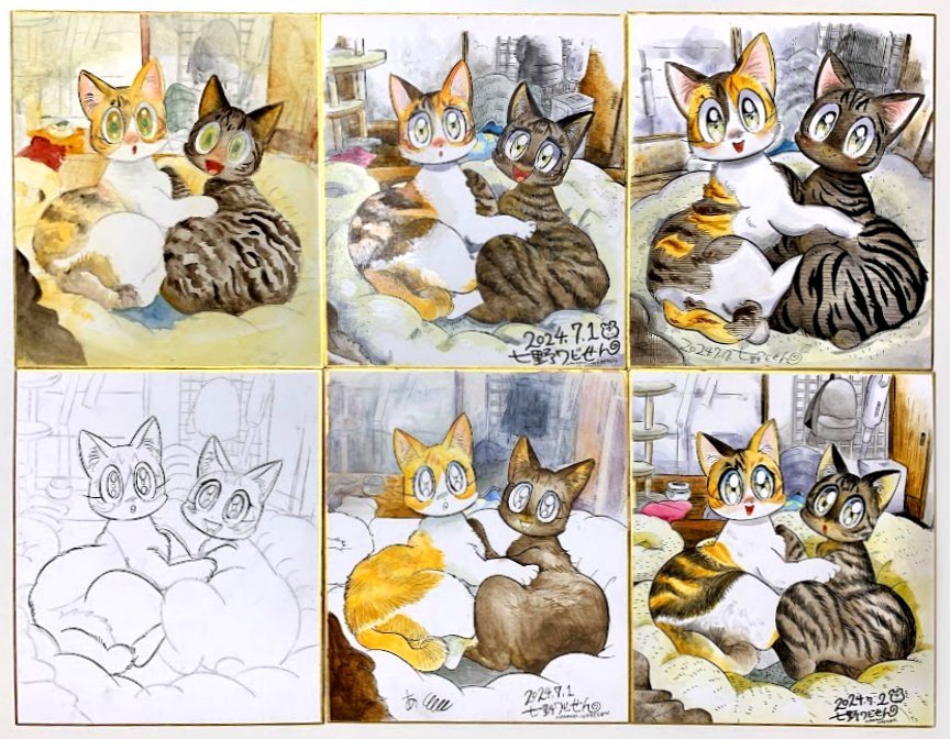 お友達の七野ワビせん先生がうちの猫たちの似顔絵を描いてくれました!うれしい!!!🥰
動物の似顔絵のお仕事をしたいということで、うちの猫を習作に何枚も熱心に描いてくれました
全部良い絵なので試し書きや下描き状態のものも貰って飾ってます😻