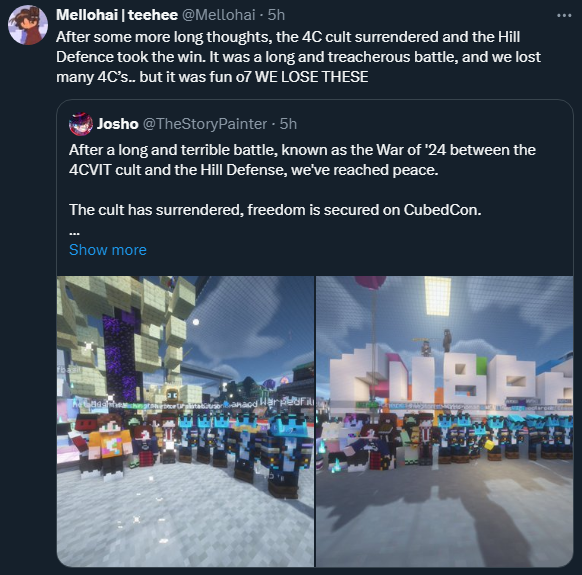 So... I go to sleep... accidentally afking on a server...

I woke up just now and found out a cult, a war, and like religion formed around my return...

Wtf do I do 😭