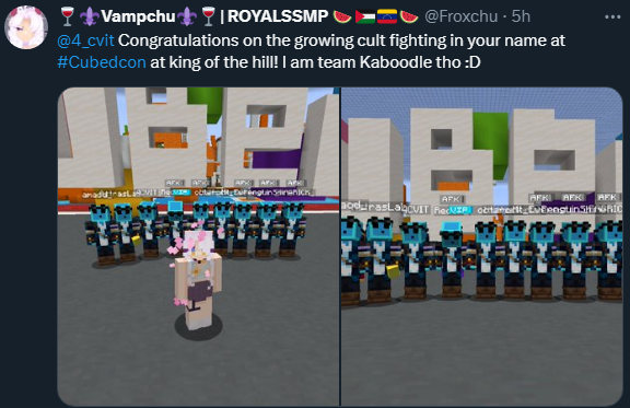 4_cvit's tweet photo. So... I go to sleep... accidentally afking on a server...

I woke up just now and found out a cult, a war, and like religion formed around my return...

Wtf do I do 😭 https://t.co/E0x9M3G216