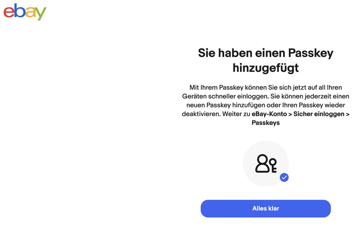 vicwiller's tweet photo. Great to see more websites adopting passkeys! This will make life so much easier for everyone. Thanks to @eBayDE 🔐

Will add passkey support to my Django apps. https://t.co/t9P5MEK95L