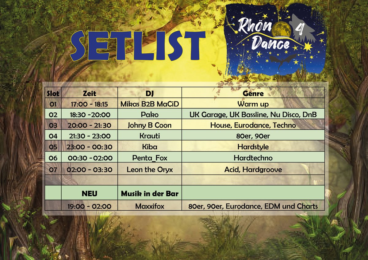 Wir hoffen, unsere DJ’s konnten euch die letzten vier Tage etwas mit ihrer Magie verzaubern. Nicht genug? Kein Problem! Seht sie live am 19. Oktober in der Elstalhalle und lasst euch in ihren Bann ziehen!

Zur Anmeldung für den RhönDance kommt ihr mit:
pretix.eu/fa2p/RD4/