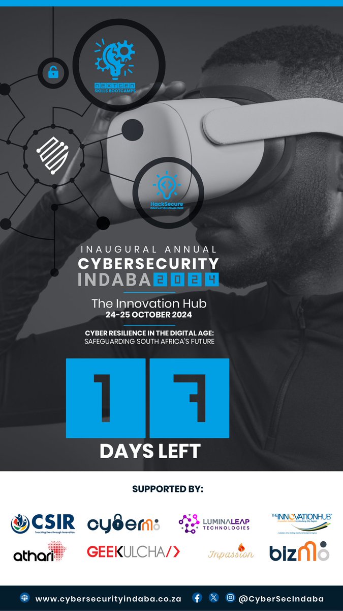 17 days to go.

Are you ready to strengthen your cybersecurity knowledge and stay ahead of threats? 

Join us at the Inaugural Cybersecurity Indaba 2024 and connect with industry leaders. cybersecurityindaba.co.za

#Cybersecindaba2024 #CyberSec #CSIndaba
