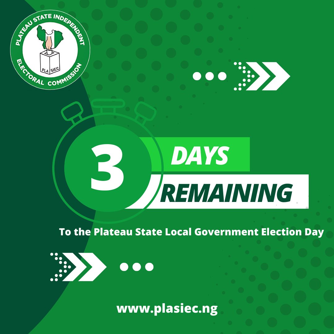 plasiecorg's tweet photo. 3 DAYS to go! 🌟 The Plateau State Local Government Election is upon us! Your vote is your power—use it to make a lasting difference in our communities. Let’s show up and shape our future together!

#PLASIEC #PowerInYourVote #PlateauStateDecides #3DaysToGo https://t.co/nsOTJ55b6f