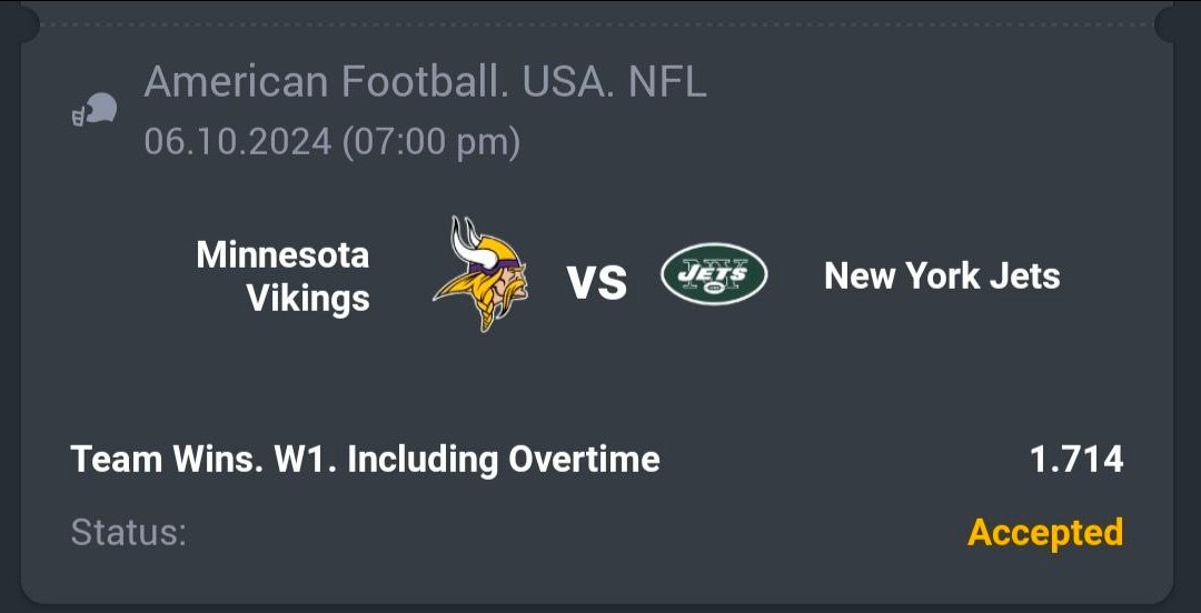 A3RBET's tweet photo. American Football - NFL
🏈 Minnesota Vikings ML
🔖 1.71
💵 10 Units
#NFL #AussieRules #Footy #NFL2024 #NFL24 #SportsBetting #BetOnAFL #NFLBetting #NFLBets #BettingTips #NFLPicks #NFLPredictions #bettingtwitter #GamblingX #BetResponsibly #Skol #Vikings #NYJvsMIN
Like + RT https://t.co/Ju3Ui3Z94r