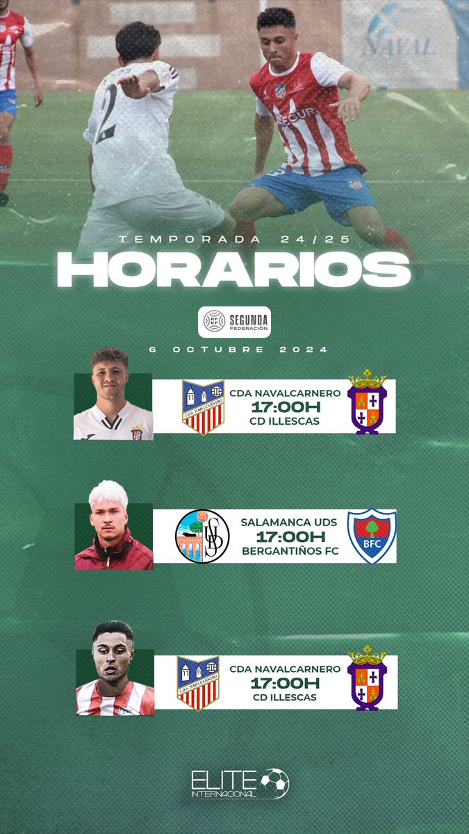 EliteInternacSA's tweet photo. 🕒 HORARIOS ÉLITE ➡️ Domingo 6 de Octubre #2RFEF 

#JugadoresElite https://t.co/i1D6Wf7OZa