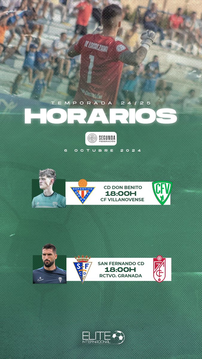 EliteInternacSA's tweet photo. 🕒 HORARIOS ÉLITE ➡️ Domingo 6 de Octubre #2RFEF 

#JugadoresElite https://t.co/i1D6Wf7OZa