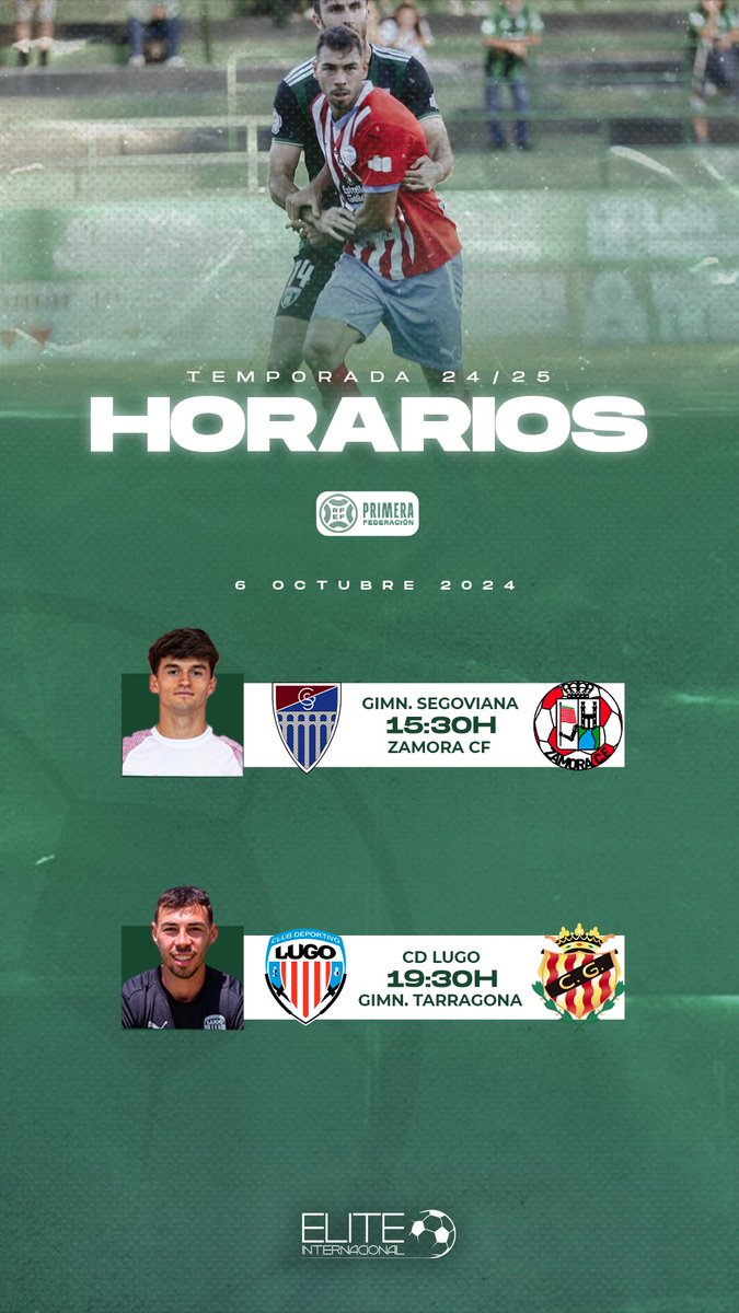 EliteInternacSA's tweet photo. 🕒 HORARIOS ÉLITE ➡️ Domingo 6 de Octubre #1RFEF 

#JugadorElite https://t.co/umWR12mOyC