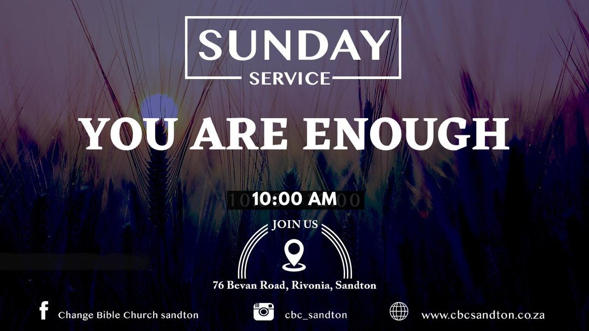 Join us this morning for our Sunday service! Mr Monde Ndlovu will be preaching on the subject matter, "You are enough".
We hope to see you 😊.
#CBCSandton
#SundayService