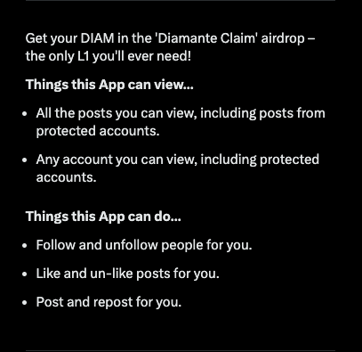 nanobro_rit's tweet photo. คนที่เคลม $Diam
✅ อย่าลืม revoke twitter access กันด้วยนะครับ

⚠️ permission สามารถ follow/unfollow ได้ตามใจแบบนี้อาจจะพาเราไป follow scam account ภายหลังได้ https://t.co/iE7UhPJa7C
