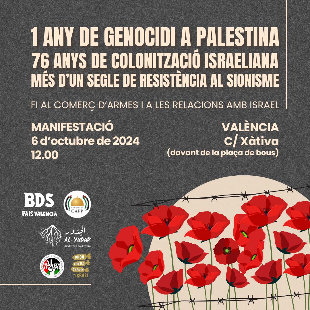 Se cumple un año de genocidio en #Palestina agravado por la invasión de #Líbano y #Yemen

📢 No dejaremos de protestar y exigir el alto el fuego inmediato, la paz permanente basada en #DDHH y que se acabe la impunidad por los crímenes del estado de Israel

La sociedad valenciana