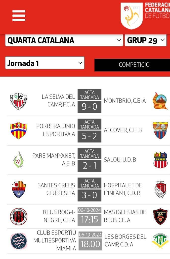 RESULTATS DE 4A CATALANA GRUP 29 DE DISSABTE DIA 5, 1A JORNADA