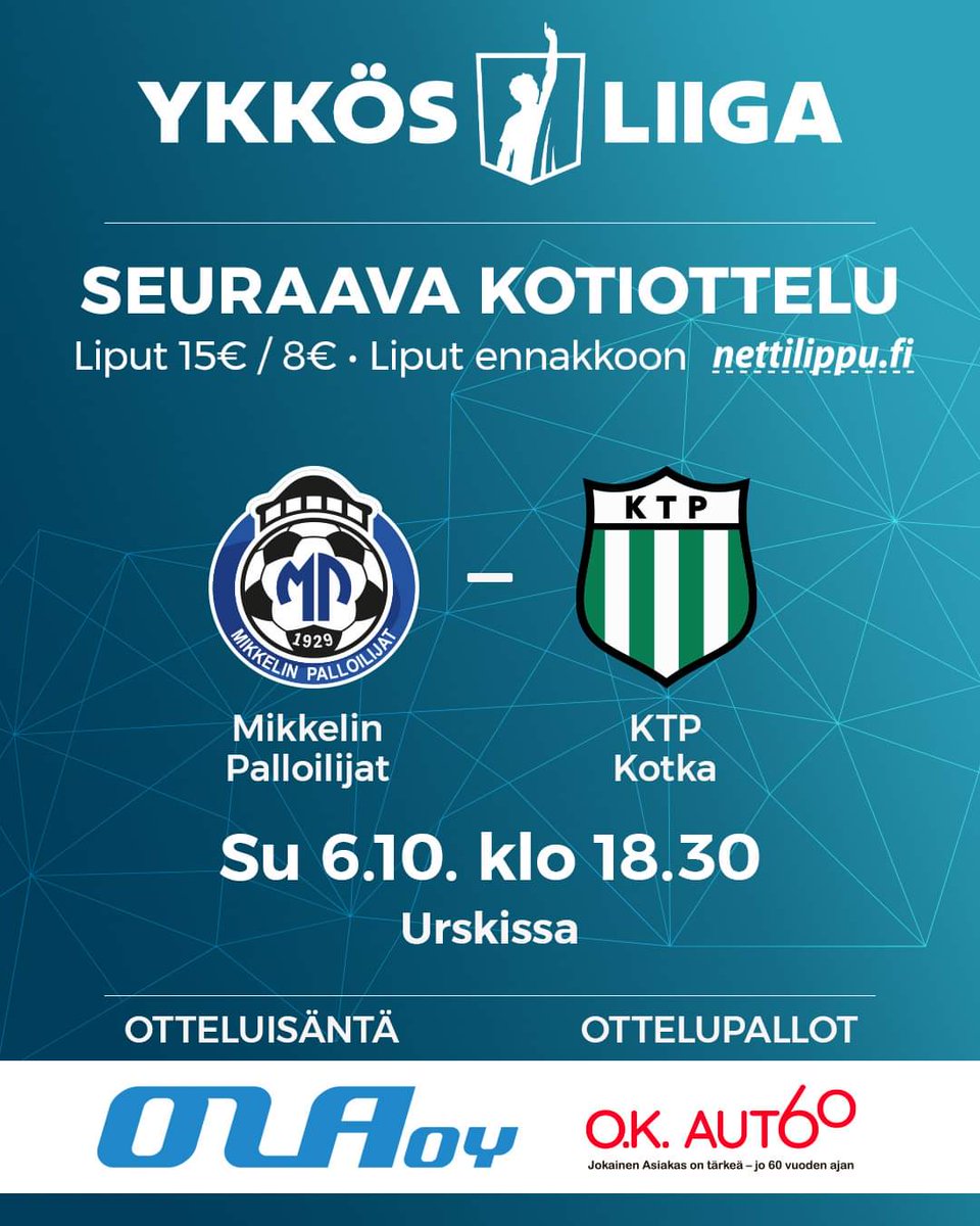 PELIPÄIVÄ ⚽️

MP 🆚 <a href="/KTPKotka/">KTP</a>
🎩 Rakennusliike Ola Oy
⚽️ O.K. Auto Oy
🏟 Urski
⏰ 18.30
🎫 15 € / 8 €
📺 Ruutu Urheilu

📝 Otteluennakko ja ottelutapahtuman info: mikkelinpalloilijat.fi

Tervetuloa! 💙

#Ykkösliiga #sinisetpelaa #MP1929