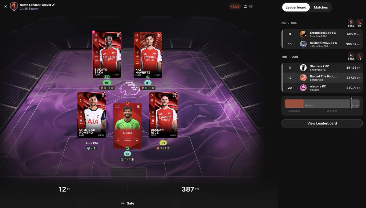 LETS RUN IT BACK!

If Romero scores 60+ today i'll giveaway 🎁 

Limited  - Cristian Romero [In SZN roughly £50) 

To enter: 
- Follow <a href="/SimplyAlexSR/">SimplyAlex</a> ✅
- Retweet this post   ✅

And cheer on AngeBall defensive masterclass once AGAIN for my Sorare hopes🤞

#sorare