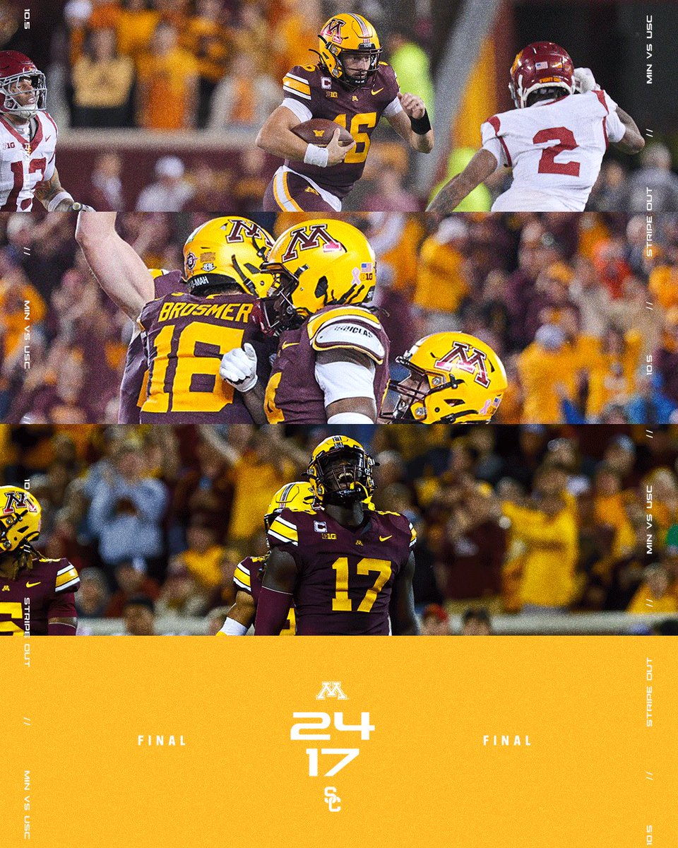 TheTrickPlayFR's tweet image. #11 USC TOMBE À MINNESOTA ! 

Quelle victoire des Golden Gophers qui vient récompenser l’audace de HC PJ Fleck dans la dernière minute du match : ce dernier a préféré jouer le TD sur la 4ème tentative plutôt que le FG. 1ère victoire contre les Trojans depuis… 1955 !