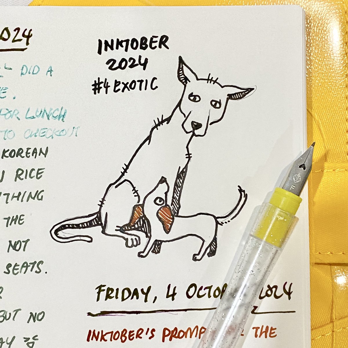 wafflemuse's tweet photo. Catching up on #inktober2024 prompts no.5 binoculars &amp; no.4 exotic.

Binoculars’ piece is straightforward.
Exotic feat. a Xoloitzcuintle or Xolo, a Mexican hairless doggo, one of the exotic breeds :3

#Inktober #inktobermalaysia #dogart #dachshund #doxie #xolodog https://t.co/6B1zJZ1hct