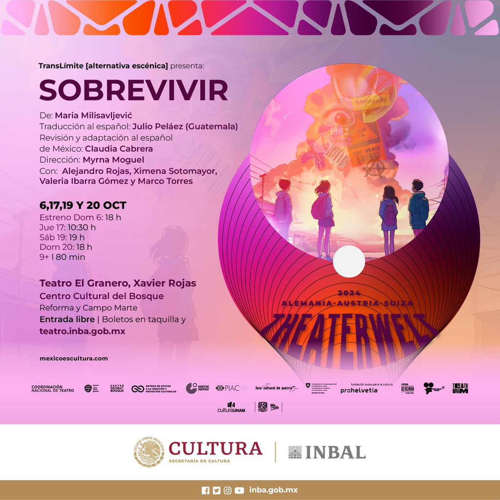 Para el #THEATERWELT 2024 
Alemania-Austria-Suiza 
SOBREVIVIR de Maria Milisavljević, 

TEATRO EL GRANERO / #CentroCulturalDelBosque 
<a href="/GI_Mexiko/">Goethe-Institut Mexiko</a> <a href="/teatroinbal/">Coordinación Nacional de Teatro</a> <a href="/TranslimiteAE/">TransLímite [A-E]</a> 

🙌🏽 6 de OCTUBRE de Estreno!!!!!!!