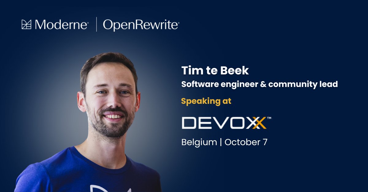 OpenRewrite by Moderne (@openrewrite) on Twitter photo Heading to Devoxx Belgium tomorrow? 🧑💻
Join <a href="/TimteBeek/">Tim te Beek</a> and <a href="/rick_ossies/">Rick Ossendrijver</a> (Picnic) for a hands-on workshop on Oct. 7 (09:30-12:30) to learn how to transform your code with OpenRewrite and Refaster.💡
Details: hubs.ly/Q02SbQ7p0 Heading to Devoxx Belgium tomorrow? 🧑💻
Join <a href="/TimteBeek/">Tim te Beek</a> and <a href="/rick_ossies/">Rick Ossendrijver</a> (Picnic) for a hands-on workshop on Oct. 7 (09:30-12:30) to learn how to transform your code with OpenRewrite and Refaster.💡
Details: hubs.ly/Q02SbQ7p0
