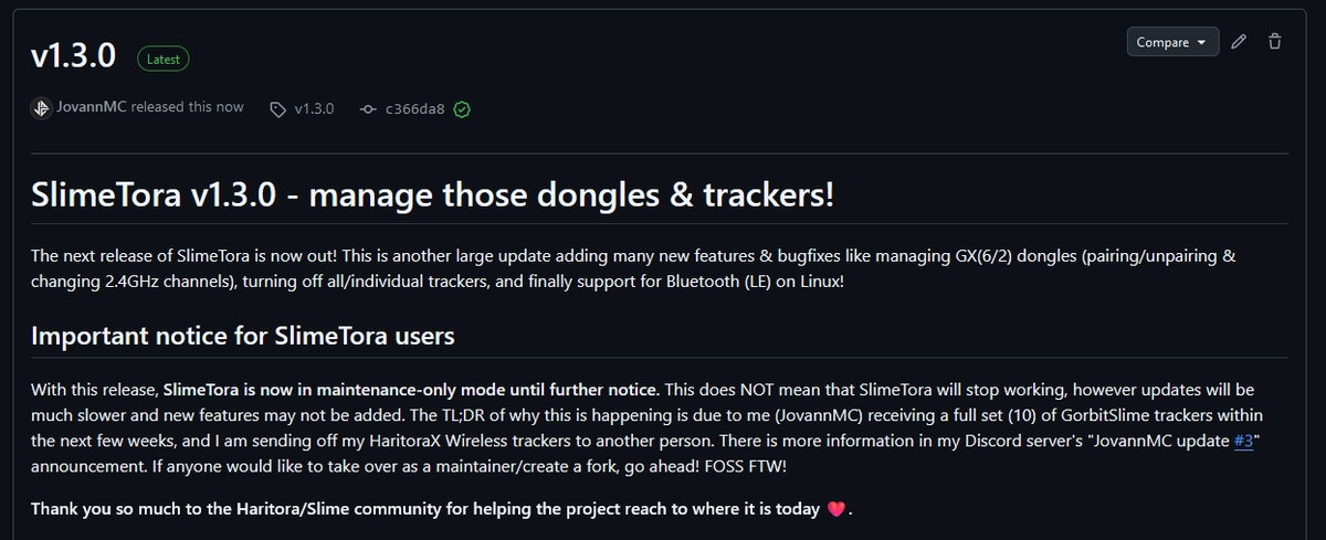 JovannMC's tweet photo. SlimeTora v1.3.0 is now out, and with that #slimetora is soon to be in maintenance-only mode.
Highlights include: managing GX(6/2) dongles, turning off all/individual trackers, support for Bluetooth (LE) on Linux, and many more bugfixes!
Download now: https://t.co/tOK0T9GE6m https://t.co/5ziooszAoS
