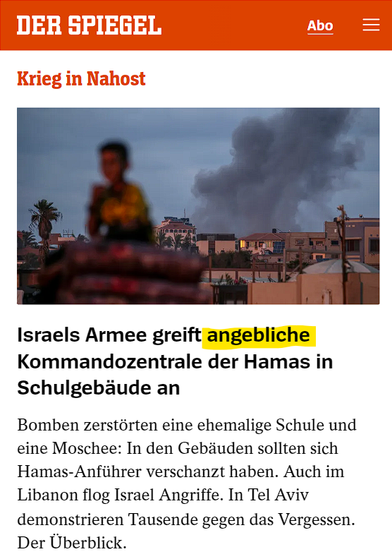 Kritik wirkt, manchmal. Vier Stunden lang verbreitete
<a href="/derspiegel/">DER SPIEGEL</a> heute Morgen ungeprüft Angaben von Israels Armee als Tatsache. Paar Min nach meinem Tweet gab's eine neue Überschrift. Ihr habt allerdings den Korrekturhinweis vergessen. Und auch mit "angeblich" bleibt die Frage: