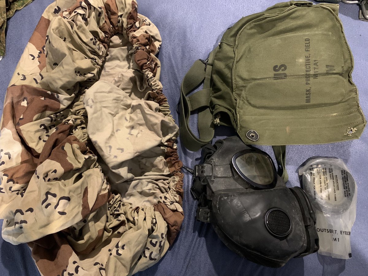 Firkiin's tweet photo. Had a good haul at the militaria fair!

Six-colour desert ALICE pack cover.

Size medium M17A1 gas mask dated 1970 with carry bag, lens outserts, and waterproofing bag.

Desert MARPAT uniform all named to the same vet. Blouse medium-regular 2008, trousers medium-regular 2005. https://t.co/J9J7vGeP8B