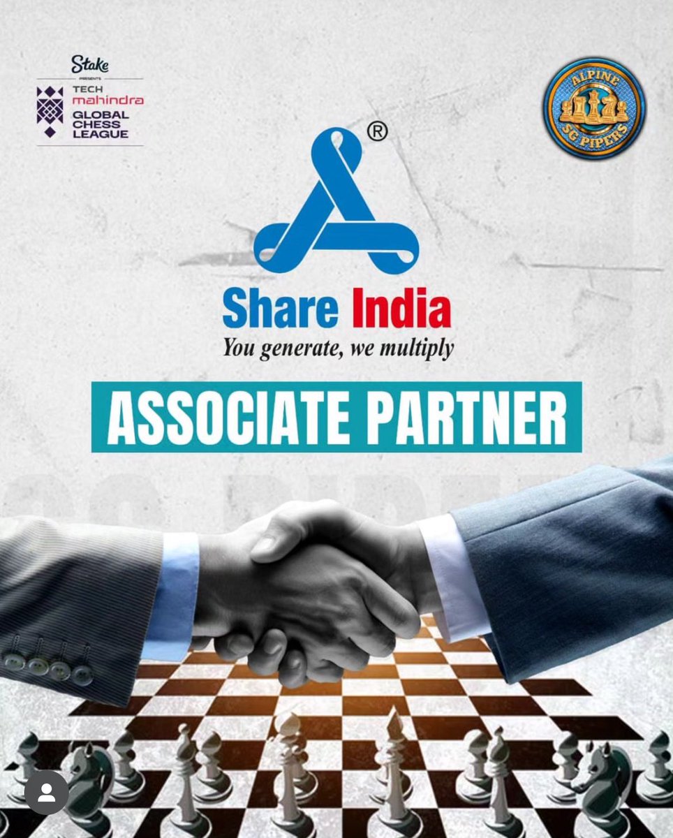 BhavyaSVora's tweet image. Proud to be the Associate Partner of Alpine SG Pipers in the Tech Mahindra Global Chess League! At Share India, we champion strategy and precision, just like our team on the board. Let’s go Alpine SG Pipers! 
#ShareIndia #AlpineSGPipers #GlobalChessLeague #TechMGCL
