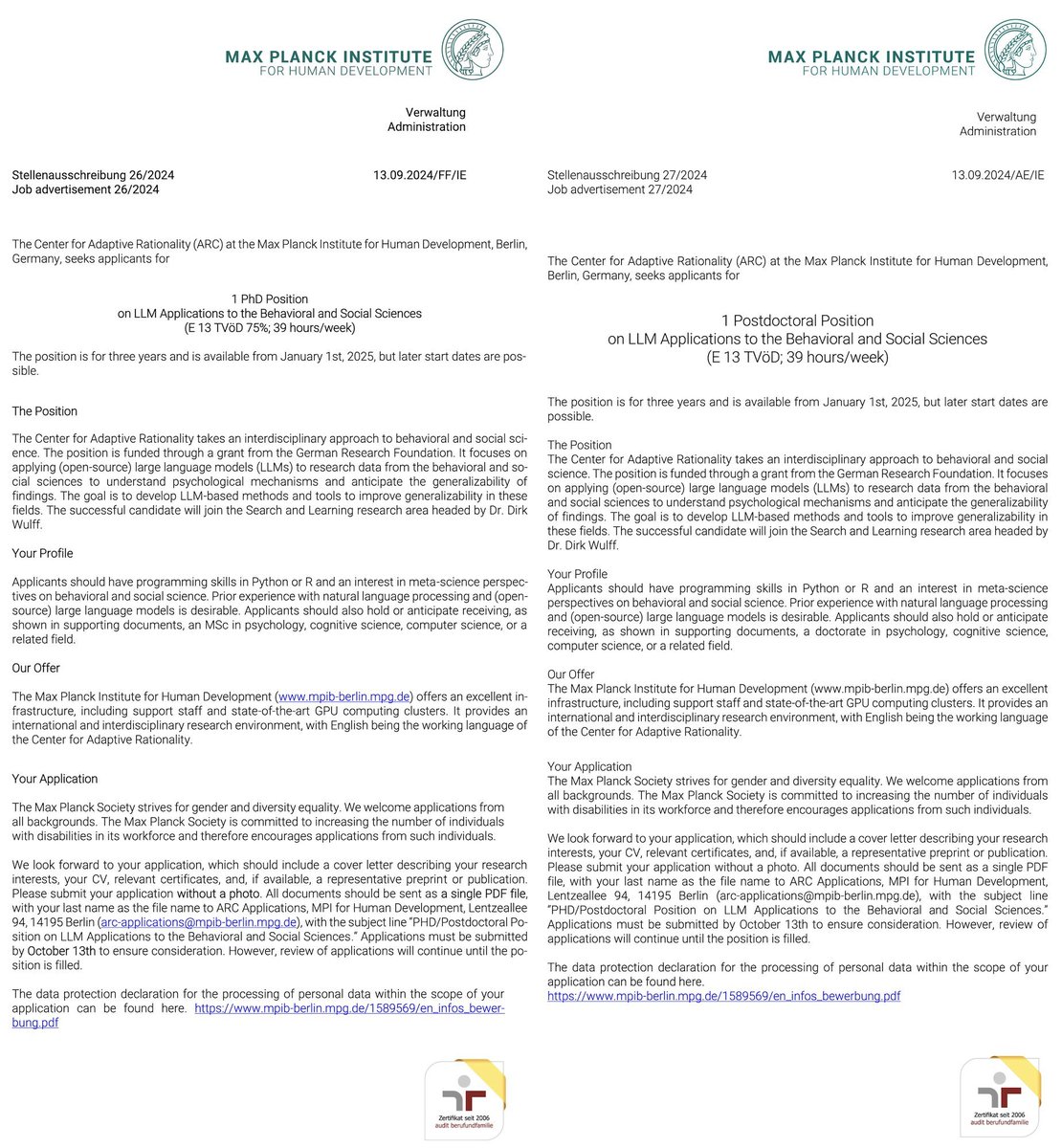 🚨 Job alert 🚨 

One more week to apply for two positions (PhD and Postdoc) at <a href="/arc_mpib/">Center for Adaptive Rationality (MPIB, Berlin)</a> and <a href="/mpib_berlin/">Max Planck Institute for Human Development</a> on using LLMs to improve generalizability in the behavioral and social sciences LLMs.  

The positions are fully funded for three years. Apply by October 13! Thank you for