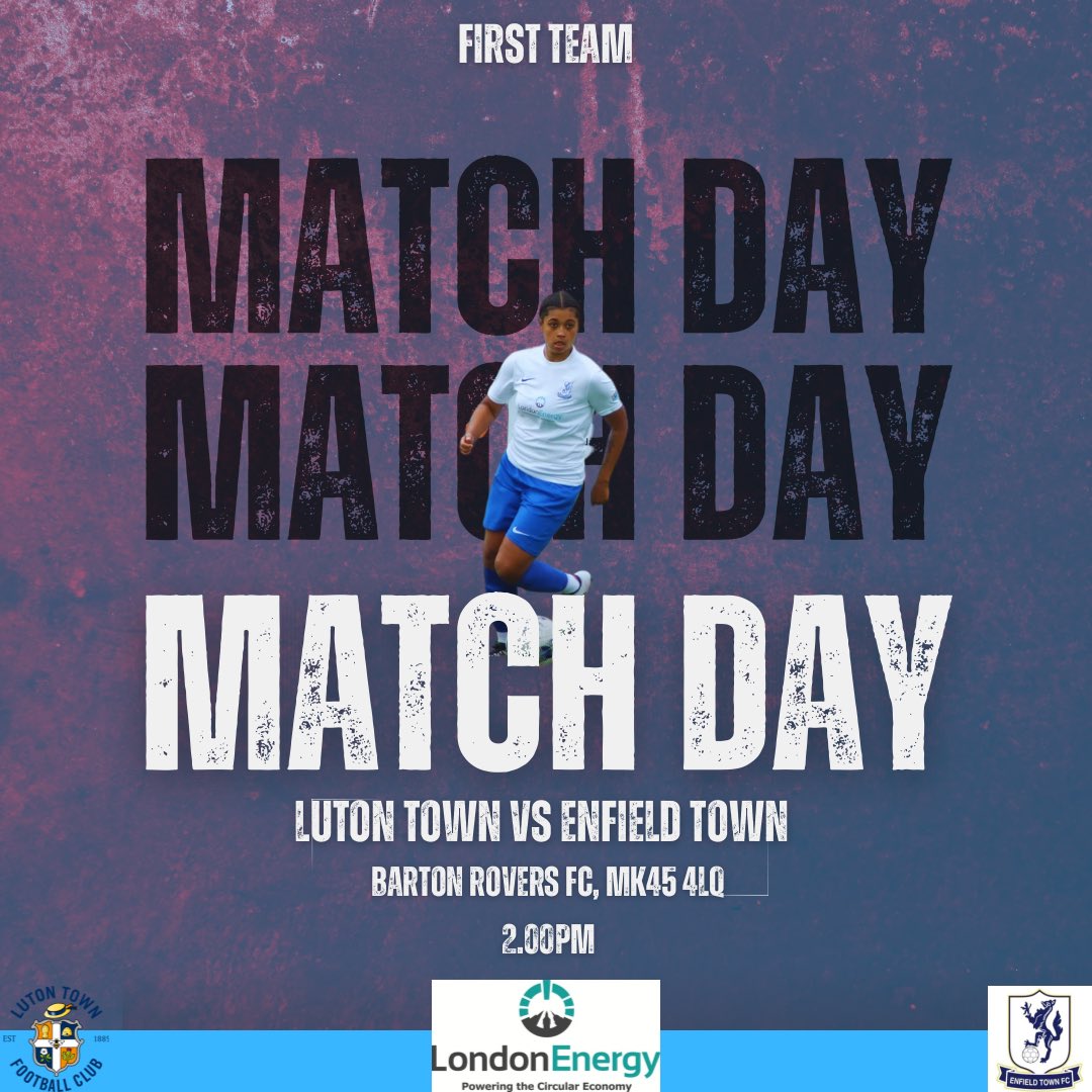 Enfield Town Ladies FC (@enfieldtownlfc) on Twitter photo Matchday!
Our first team are back on the road for league action..
🆚<a href="/LTLFC_Official/">Luton Town Ladies Football Club</a>
📍Barton Rovers FC, MK45 4LQ
🕑2pm
🎟️£5 adult £1 children
CASH ONLY
<a href="/ERWFLe/">Eastern Region Women's Football League</a> Premier Matchday!
Our first team are back on the road for league action..
🆚<a href="/LTLFC_Official/">Luton Town Ladies Football Club</a>
📍Barton Rovers FC, MK45 4LQ
🕑2pm
🎟️£5 adult £1 children
CASH ONLY
<a href="/ERWFLe/">Eastern Region Women's Football League</a> Premier