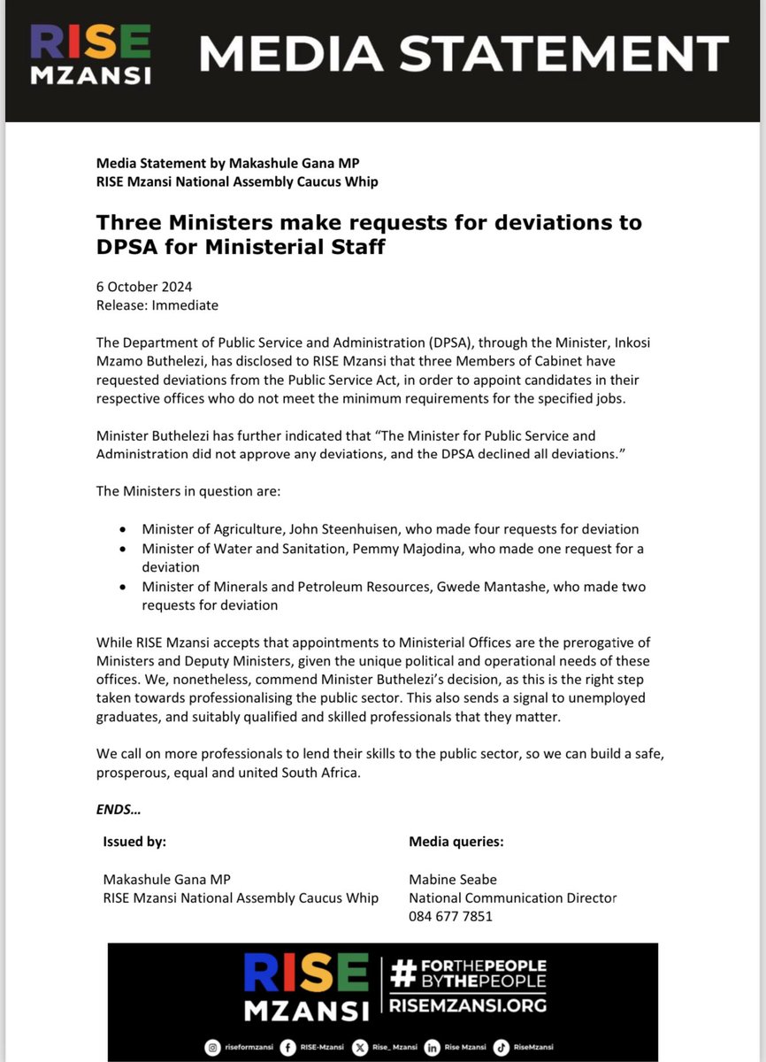 Rise_Mzansi's tweet photo. [MEDIA STATEMENT] 

The Department of Public Service and Administration, through the Minister, Inkosi
Mzamo Buthelezi, has disclosed to RISE Mzansi that three Members of Cabinet have requested deviations from the Public Service Act, in order to appoint candidates in their respective offices who do not meet the minimum requirements for the specified jobs.

Statement by National Assembly Caucus Whip, @Makashule Gana 

#RISEInParliament 
#ForThePeopleByThePeople