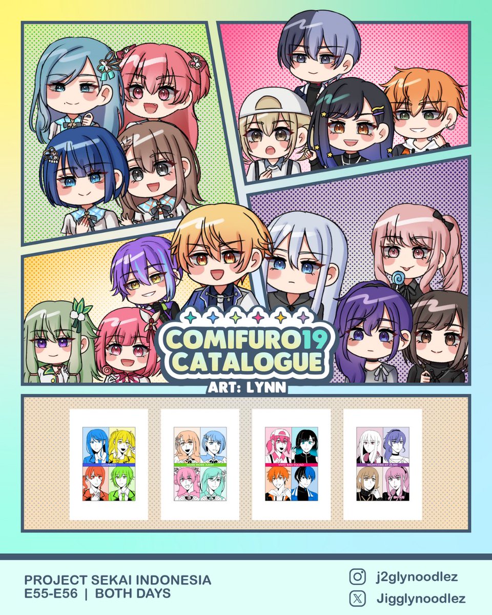 Jigglynoodlez's tweet photo. ❤️ &amp; RTs are appreciated
Here's my catalogue for #cf19 !

PO PERIOD: 6-18 October (20:00)  
-- Available for cf19 mail order, pick up + OTS (limited stock) 
Fandom: Project Sekai 
📍Booth E55-56 (ICE BSD)
🔗https://t.co/6M0mY9sUjt

[1/2]

#cf19catalogue #comifurof19 https://t.co/UWiJtcIgKk