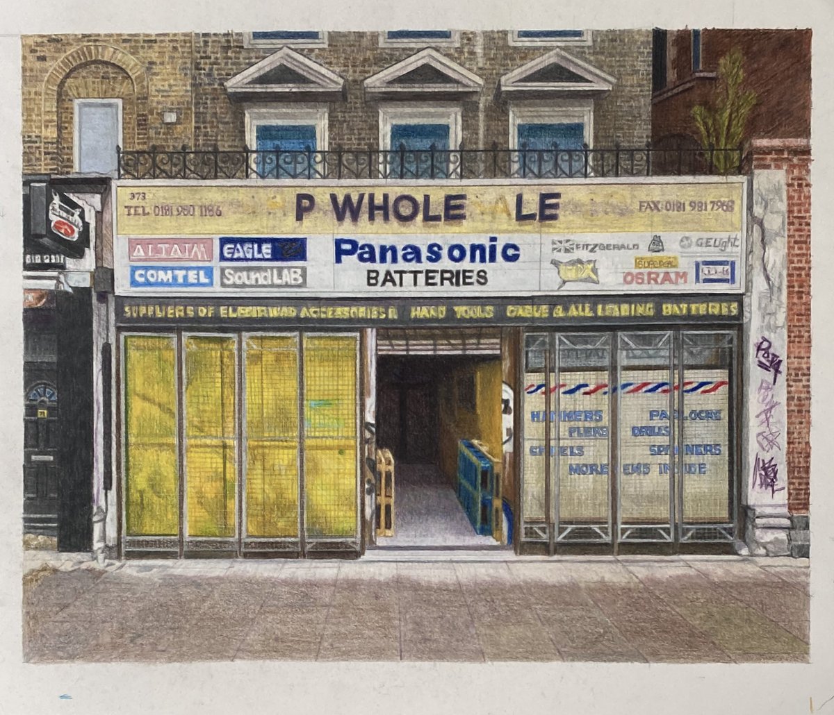 DFletcherArtist's tweet image. ‘Mile End’, new  drawing 2024. When I first saw this shop-front in 1980s,  next to Guardian Angels Church, I  passed it by as of no interest; now time has added an interesting patina @thegentleauthor⁩ ⁦@GrimArtGroup⁩ ⁦@ahistoryinart⁩ ⁦@PaintingsLondon⁩