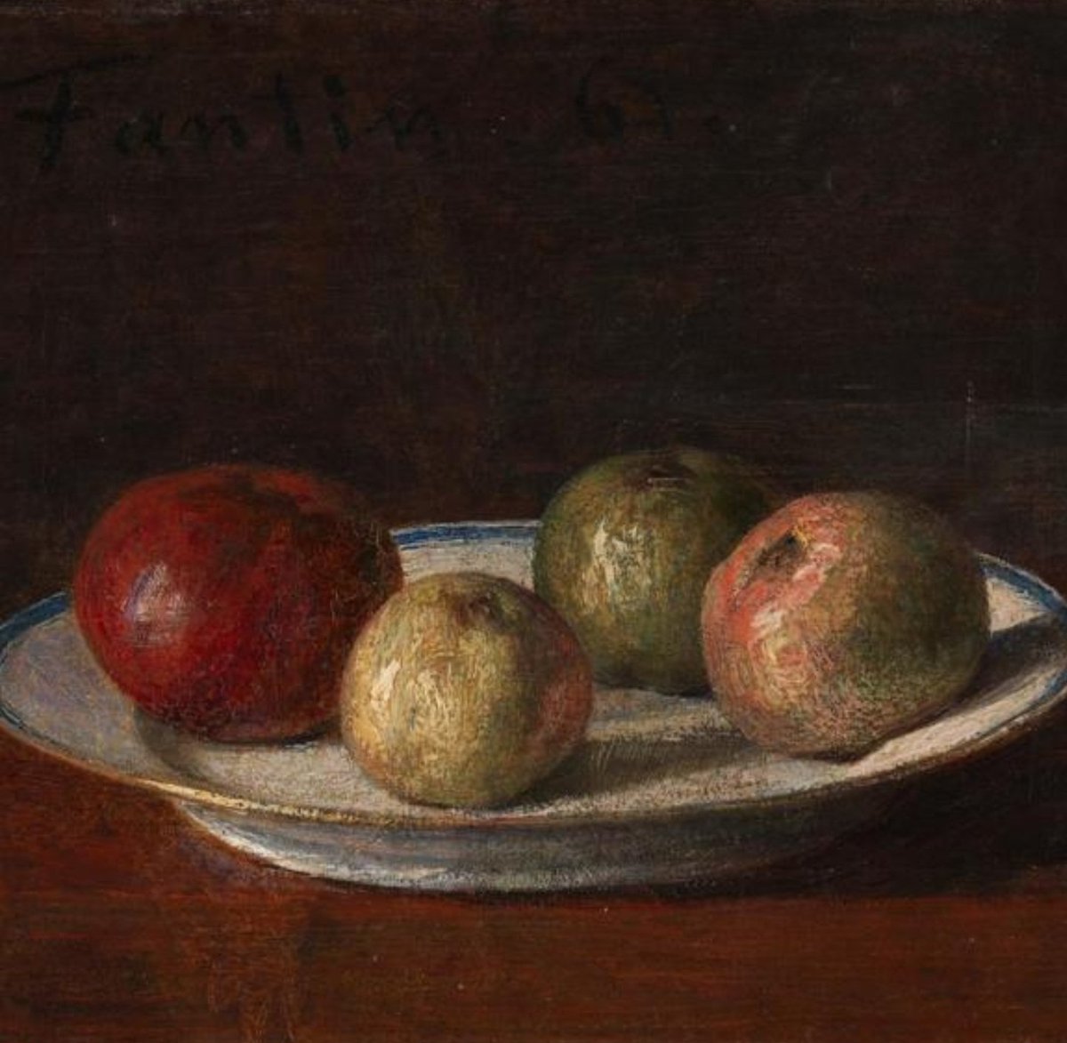 'A Plate of Apples,' (1861) was painted while Henri Fantin-Latour was visiting a Mr and Mrs Edwin Edwards in Sunbury near London in 1861. Also staying with the Edwards' at the same time were the artists Matthew White Ridley and Thomas Armstrong, and all three devoted sessions to