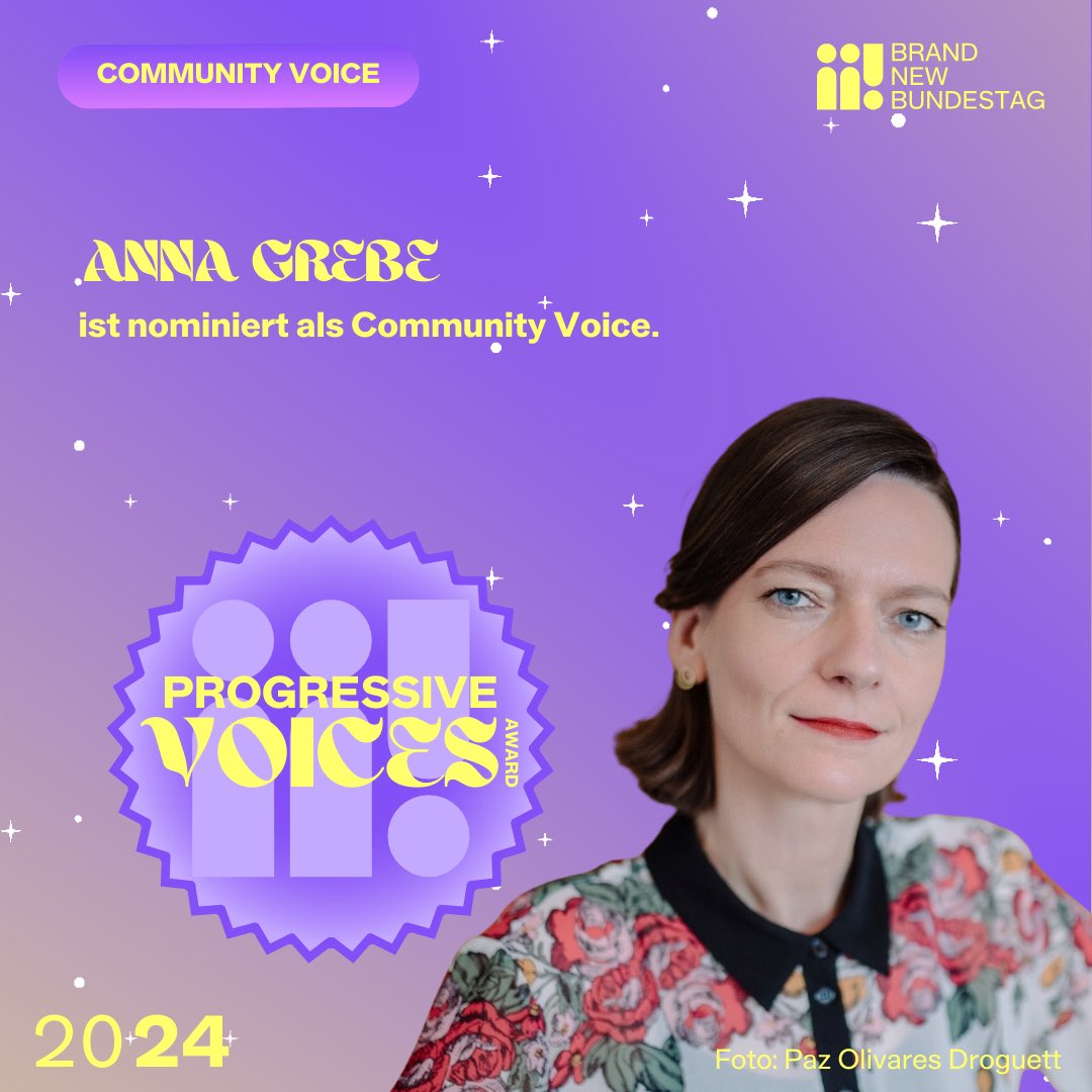 Ich bin zum 1. Mal in meinem Leben für einen Preis nominiert 🥰💜
Noch bis 18 Uhr könnt ihr für mich und viele weitere tolle Menschen abstimmen: brandnewbundestag.de/progressive-vo…