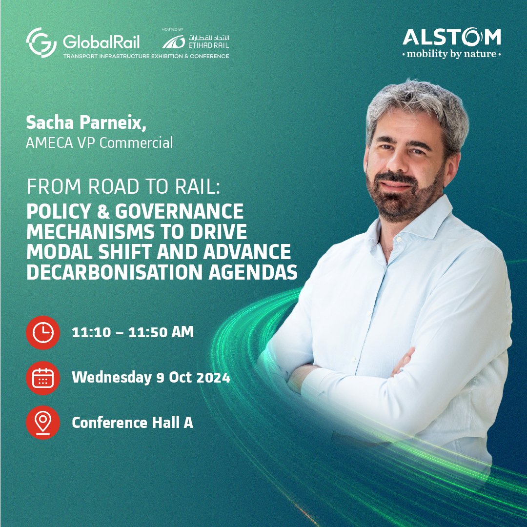Don't miss Sacha Parneix, AMECA VP Commercial, at Global Rail Transport Infrastructure Exhibition &amp; Conference 2024! 

Join us on Day 2 as he takes the stage to discuss policy and governance for sustainable mobility and decarbonization in the rail sector.