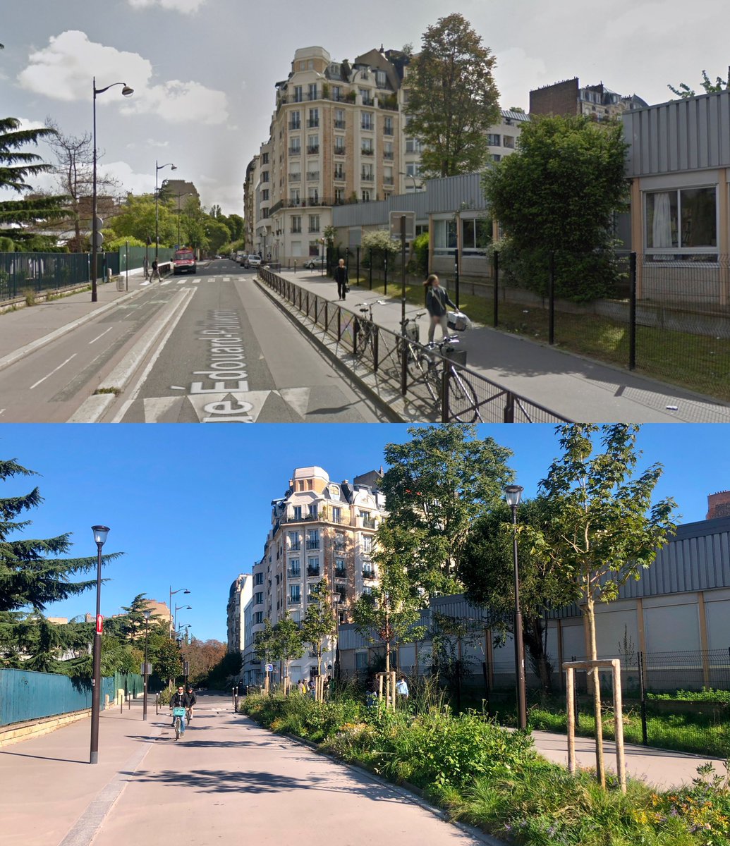 Avant / Après Rue Edouard Pailleron dans le 19ème. Au début il y avait une piste cyclable et une rue avec une circulation de passage, puis on a piétonnisé et ôté la piste, puis on a végétalisé.