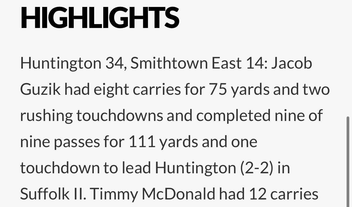 Jacob Guzik 2026 QB (@jacob_guzik) on Twitter photo Had another win yesterday against Smithtown East, ready to go for next week!
8 carries, 75 yds 2tds 3 tot. tds
9/9 111yds 1td
<a href="/jerryflora1/">jerry flora</a> <a href="/jared_valluzzi/">Jared Valluzzi</a> <a href="/LIBasketball23/">LI Sports Fanatic ๐๐โพ๏ธ</a> <a href="/LIBLITZ/">LI BLITZ</a> <a href="/QBHitList/">QBHitList.com</a> <a href="/QBCoachBrady/">James Brady</a> <a href="/CoachRobertsLIU/">John Roberts</a> <a href="/CoachRoyLIU/">Kahmal Roy</a> <a href="/NewsdayHSsports/">Newsday HS sports</a> <a href="/CoachAdamLovan/">Adam Lovan</a> Had another win yesterday against Smithtown East, ready to go for next week!
8 carries, 75 yds 2tds 3 tot. tds
9/9 111yds 1td
<a href="/jerryflora1/">jerry flora</a> <a href="/jared_valluzzi/">Jared Valluzzi</a> <a href="/LIBasketball23/">LI Sports Fanatic ๐๐โพ๏ธ</a> <a href="/LIBLITZ/">LI BLITZ</a> <a href="/QBHitList/">QBHitList.com</a> <a href="/QBCoachBrady/">James Brady</a> <a href="/CoachRobertsLIU/">John Roberts</a> <a href="/CoachRoyLIU/">Kahmal Roy</a> <a href="/NewsdayHSsports/">Newsday HS sports</a> <a href="/CoachAdamLovan/">Adam Lovan</a>