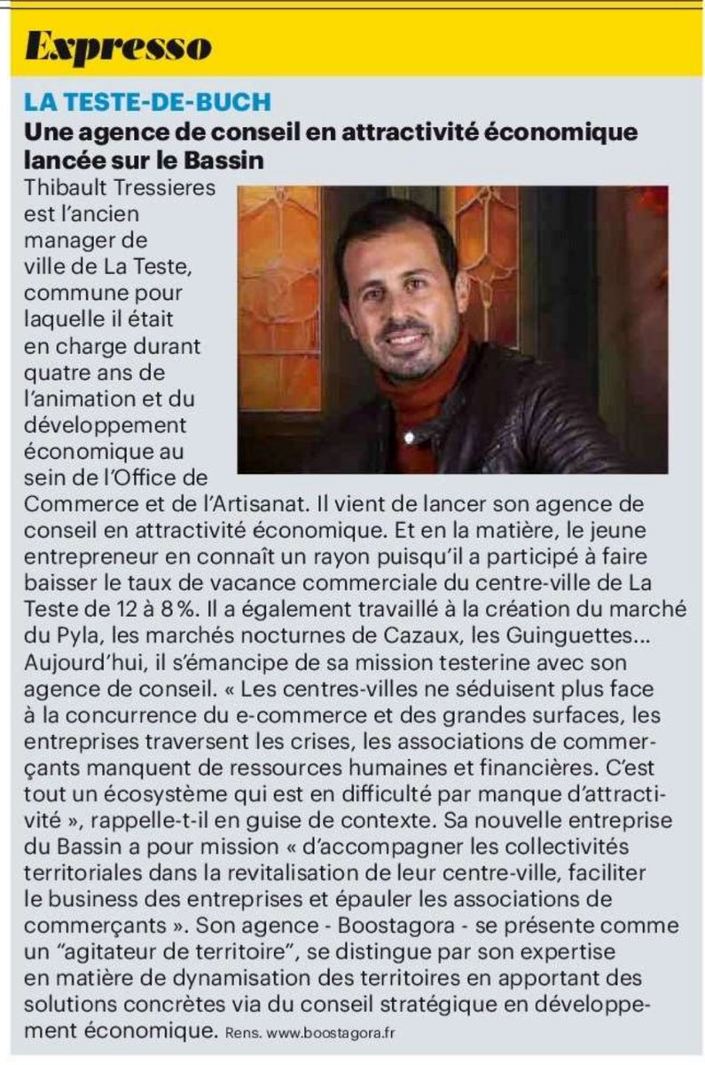 Twibault's tweet photo. Après 15 années successivement dans la com puis le développement économique, je viens de lancer l'agence @Boostagora pour accompagner les collectivités territoriales dans la redynamisation de leurs centres-villes. Merci encore à La @Depechedubassin pour ce clin d'œil 😉 https://t.co/QEsHZ5jJ1n