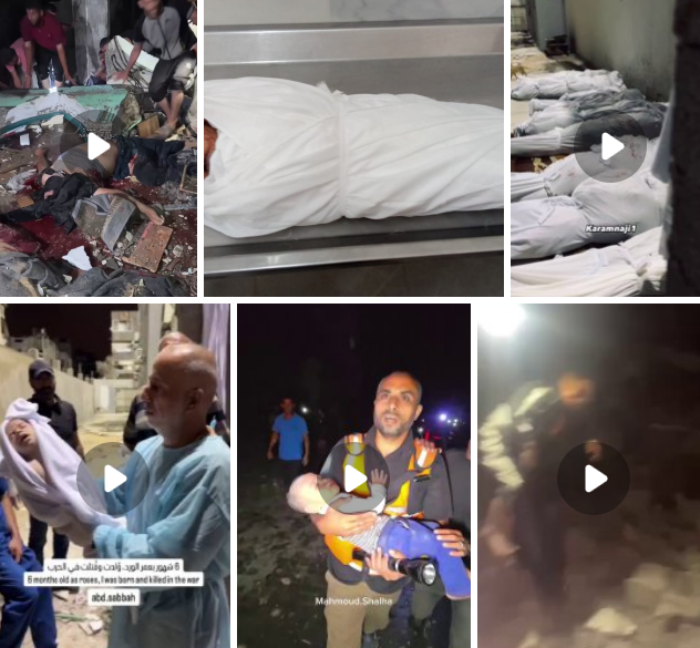 Scene crudeli e orribili del massacro commesso dai terroristi sionisti dopo aver bombardato una moschea piena di sfollati di fronte all'ospedale dei martiri di Al-Aqsa, nel centro della Striscia di Gaza, la maggior parte dei morti erano bambini.

Essendo i video estremamente