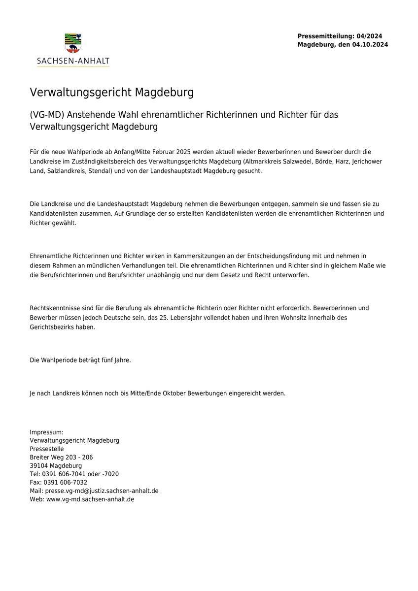 Vereinigung ehrenamtlicher Richterinnen & Richter (@dvs_versat) on Twitter photo 📢 Ehrenamtliche Richterinnen und Richter gesucht!
Das Verwaltungsgericht Magdeburg sucht engagierte Bürger*innen, die aktiv an der Rechtsprechung mitwirken wollen. Interesse? Dann jetzt bewerben! 🏛️👩⚖️👨⚖️
<a href="/Justiz_LSA/">Justizministerium Sachsen-Anhalt</a> <a href="/Ottostadt/">Ottostadt Magdeburg</a>
#Ehrenamt #Justiz #Magdeburg #Verwaltungsgericht 📢 Ehrenamtliche Richterinnen und Richter gesucht!
Das Verwaltungsgericht Magdeburg sucht engagierte Bürger*innen, die aktiv an der Rechtsprechung mitwirken wollen. Interesse? Dann jetzt bewerben! 🏛️👩⚖️👨⚖️
<a href="/Justiz_LSA/">Justizministerium Sachsen-Anhalt</a> <a href="/Ottostadt/">Ottostadt Magdeburg</a>
#Ehrenamt #Justiz #Magdeburg #Verwaltungsgericht