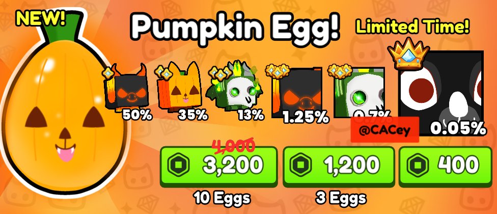 CAceyCaramel's tweet photo. Made this about a weeks ago. "Pumpkin Egg" this egg is for Halloween Update! The egg contains:

Jack o' Lantern Turtle - 50%

Pumpkin Corgi - 35%

Ghoul Dragon - 13%

Huge Jack o' Lantern Turtle - 1.25%

Huge Ghoul Dragon - 0.7%

Titanic Vampire Lion - 0.05%

HALLOWEEN EVENT👻🎃 https://t.co/jDKoD0K4iZ