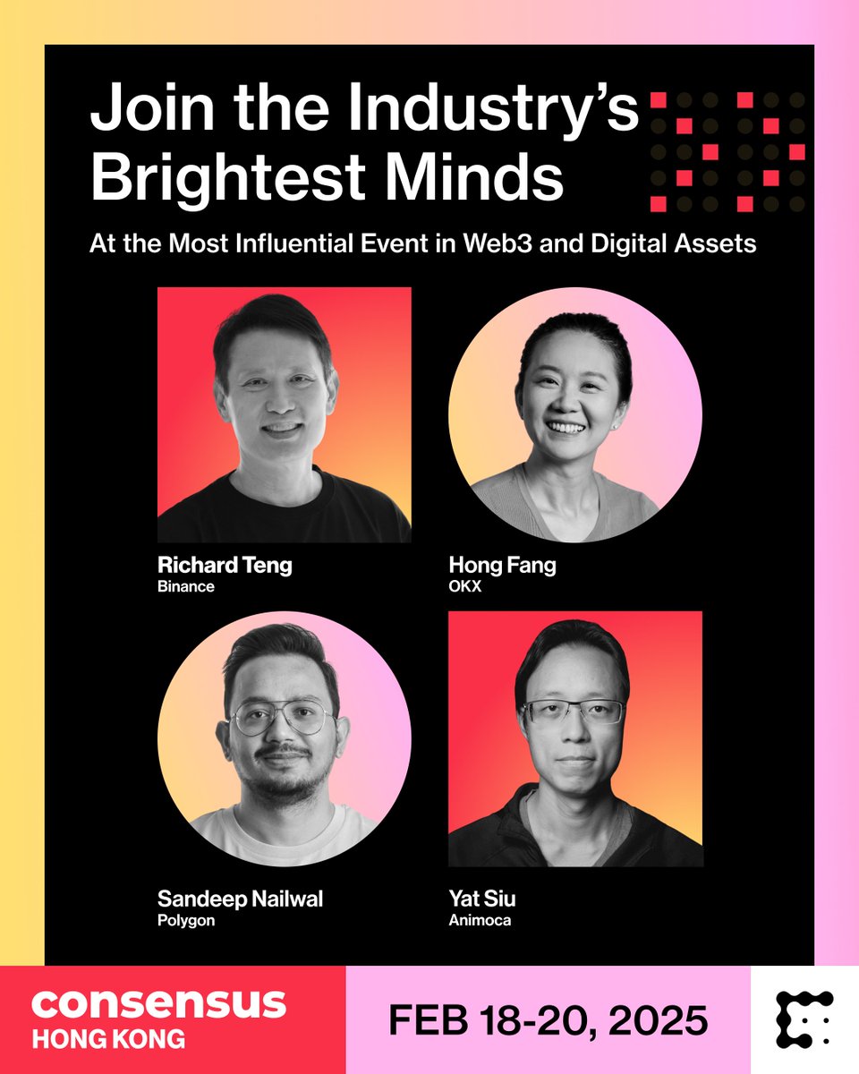 CoinDesk's tweet photo. 💡 Get ready for #ConsensusHK! 

40+ speakers are confirmed, from crypto pioneers like @Binance’s @_richardteng and @animocabrands’ @ysiu. 

More are being added daily. Discover all our speakers now: https://t.co/y5aJR2qmeT https://t.co/D926QuAfjt