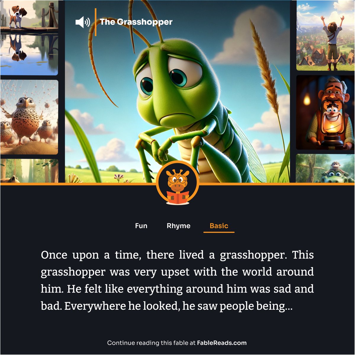 FableReads_com's tweet photo. A sad grasshopper leaves home to find peace but realizes that happiness comes from seeing the good around him.

Read this fable for free and without any advertisements at https://t.co/9LpzCWLMeB.

#thegrasshopper #TheFablesofFlorian #shortstoriesforkids #childrenstories #fables https://t.co/2vmJj2ZQVy