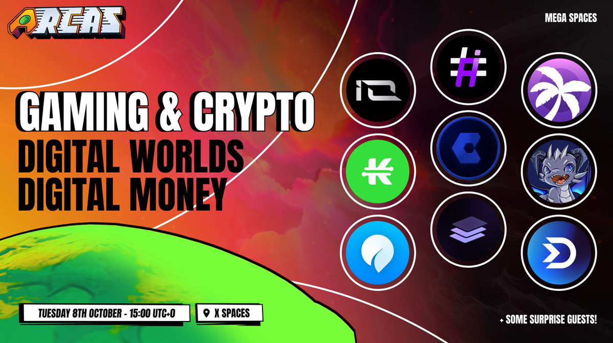 ArcasGames's tweet photo. ๐๏ธGAMING & CRYPTO๐๏ธ
Join our next Mega Space on Tuesday 8th October 15:00 UTC+0 as we discuss Digital Worlds ๐ and Digital Money๐ฐwith:
@OfficialHashAI @moontropica @chainswaperc @ThreeProtocol @PlayCosmoverse @playdubbz @ionet @kelporg @MASQ_ai
Co-Hosted by the one and only @LarryMetaTrust ๐ช