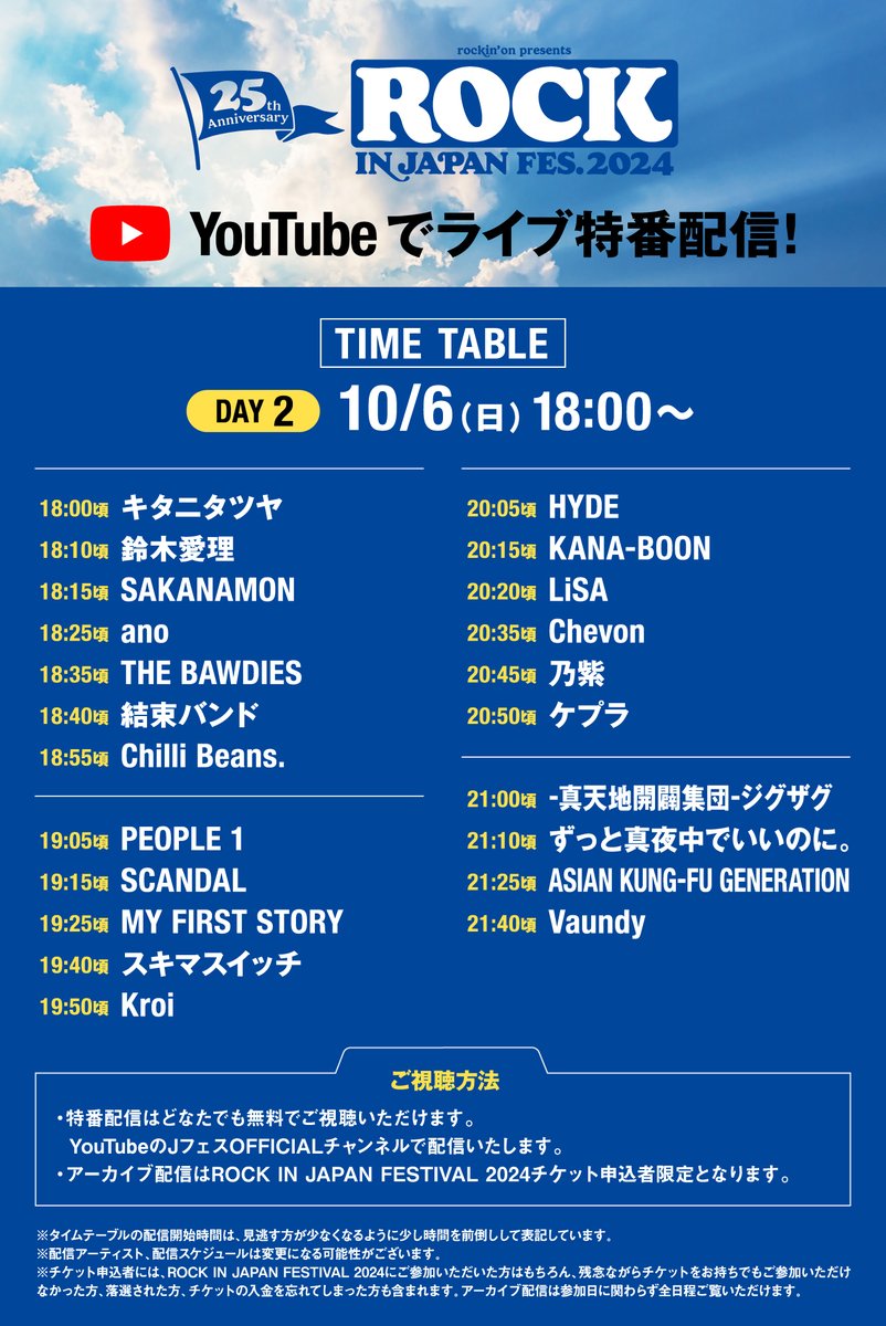 【ROCK IN JAPAN FES. 2024】 

◤#RIJF配信 DAY2スタート🎉
連動企画『最高だったこのアクト』開催！◢

アーティストのサイン入りタオルが当たる！
特番配信の感想を投稿してくれた方の中から抽選で各1名様にプレゼント🎁
対象アーティストは画像をチェック👀

【応募方法】
✅️<a href="/rockinon_fes/">JフェスOFFICIAL｜JAPAN JAM 2026開催</a>