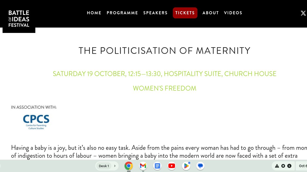 Parenting studies (@cpcs_unikent) on Twitter photo Only two weeks to go to Battle of Ideas.
We are delighted to be partnering again this year, for 'The politicisation of maternity' with <a href="/clareemurph/">Clare Murphy</a> <a href="/drruthannharpur/">Dr Ruth Ann Harpur</a> <a href="/EmilyJBarley/">Emily Barley</a> <a href="/Ella_M_Whelan/">Ella Whelan</a> and CPCS' Ellie Lee
Loads of great discussion - programme:
battleofideas.org.uk/programme/over⦠Only two weeks to go to Battle of Ideas.
We are delighted to be partnering again this year, for 'The politicisation of maternity' with <a href="/clareemurph/">Clare Murphy</a> <a href="/drruthannharpur/">Dr Ruth Ann Harpur</a> <a href="/EmilyJBarley/">Emily Barley</a> <a href="/Ella_M_Whelan/">Ella Whelan</a> and CPCS' Ellie Lee
Loads of great discussion - programme:
battleofideas.org.uk/programme/overā¦